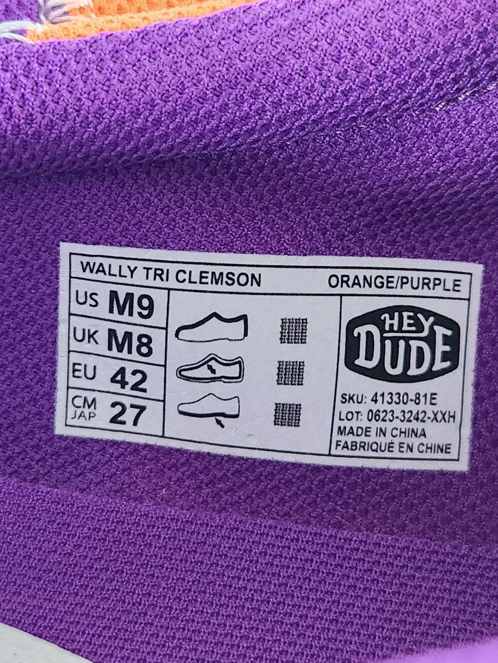 Hey Dude Wally Tri Clemson Mens Size 9 Orange Purple White Walking Slip On Shoes